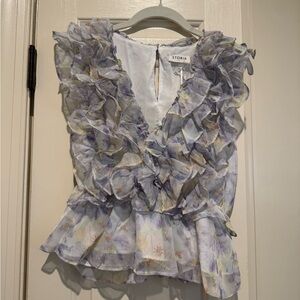 Storia Lavender Floral Ruffle V-Neck Peplum Top NWT